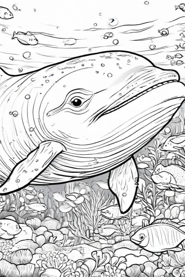 Underwater whale, realistic line art style — free printable marine life coloring book page