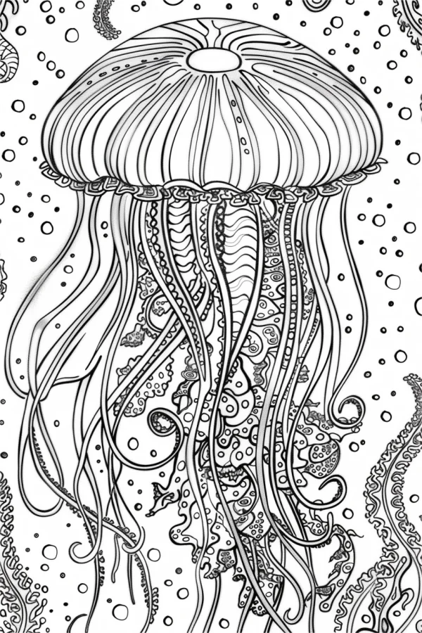 Coloring book inner page, zentangle-style jellyfish — free printable marine life coloring book page