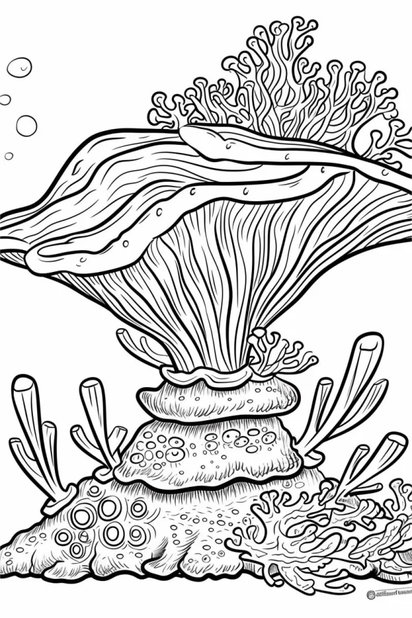 Underwater sea fan coral with a slender fish, sketch style — free printable ocean coloring book page