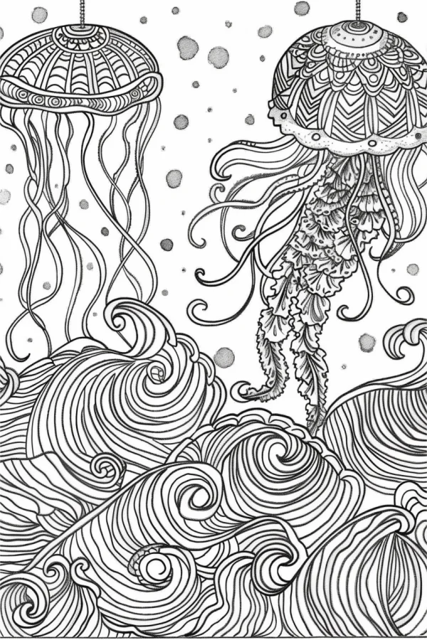 Zentangle-style jellyfish with ocean waves, intricate organic swirl and spiral patterns — free printable marine life coloring book page
