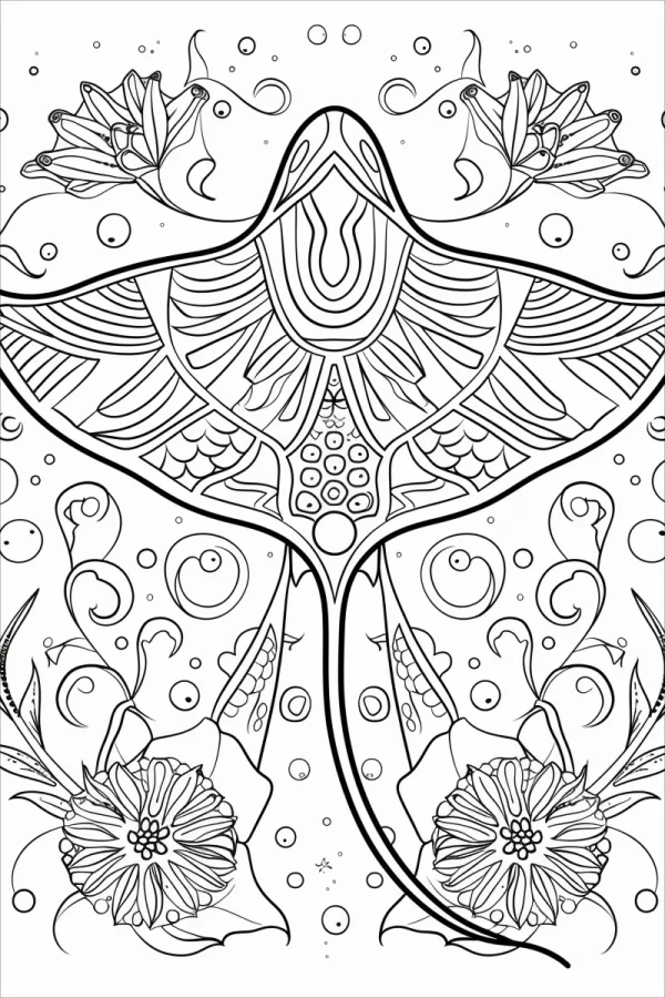 Zentangle-style stingray surrounded by flowers, mandala symmetrical patterns — free printable creativity coloring book page
