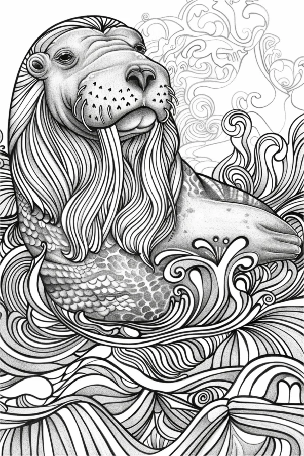 Coloring book page, walrus surrounded by intricate decorative ocean waves — free printable ocean coloring book page