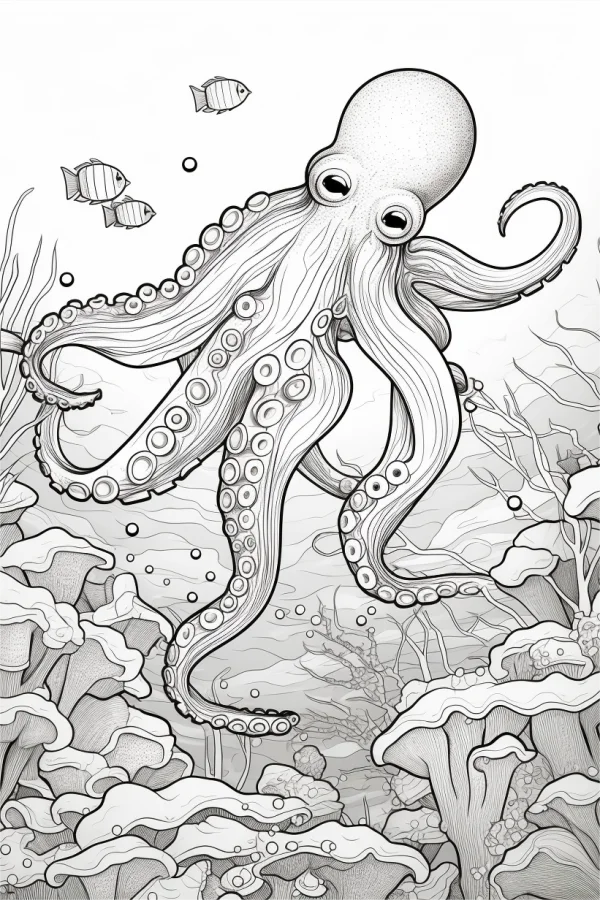 Cute cartoon octopus, underwater scene with corals — free printable marine life coloring book page