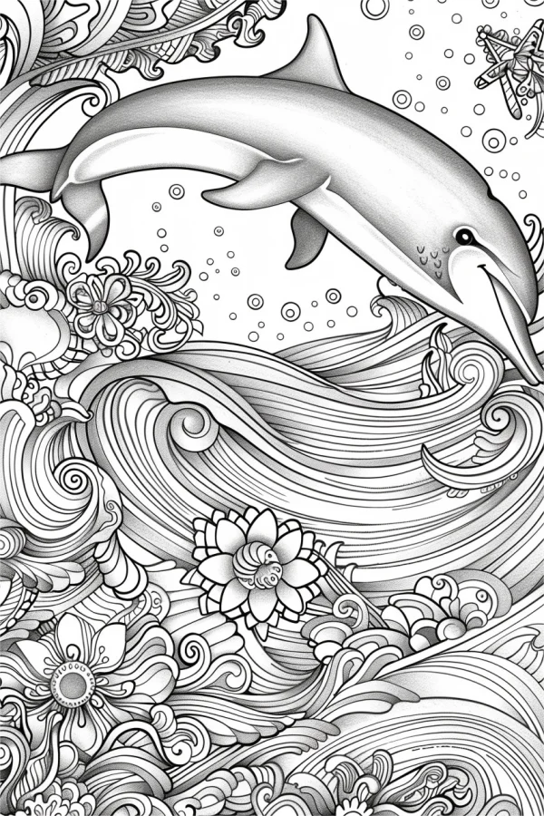 Leaping dolphin with intricate waves and floral zentangle patterns, zentangle style — free printable marine life coloring book page