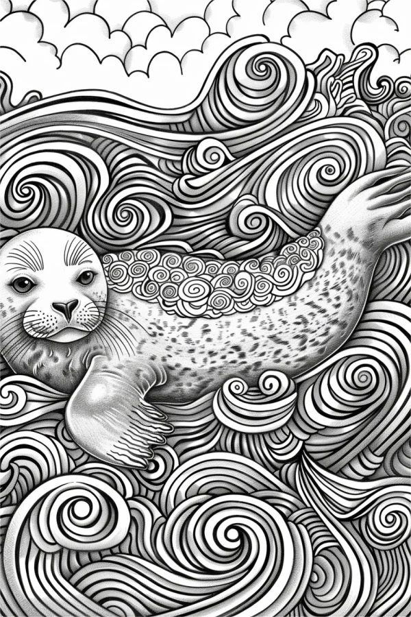 Seal in swirling ocean waves, decorative line art style — free printable ocean coloring book page
