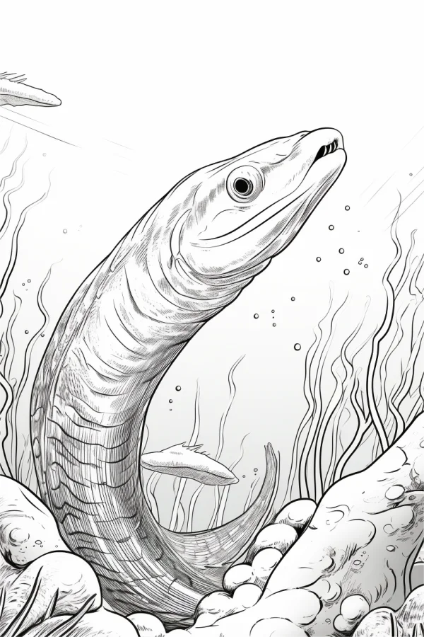Sea eel in underwater scene, sketch style — free printable marine life coloring book page