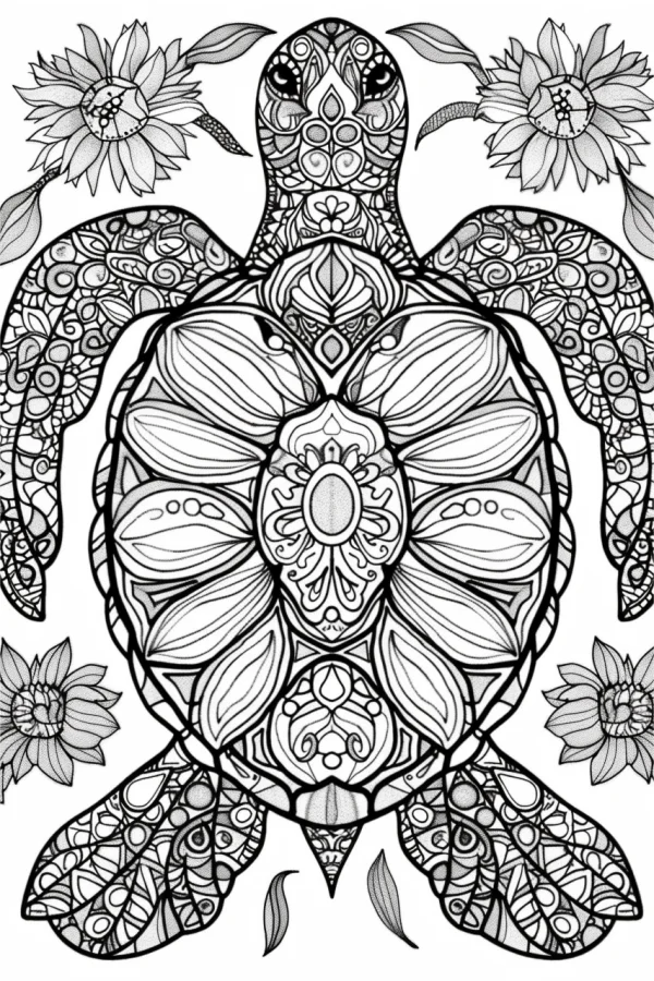 Coloring book page, mandala-style sea turtle — free printable art coloring book page