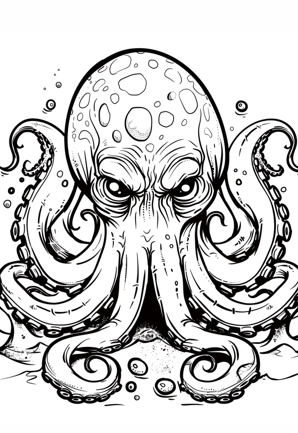 Angry octopus, cartoon style — free printable marine life coloring book page