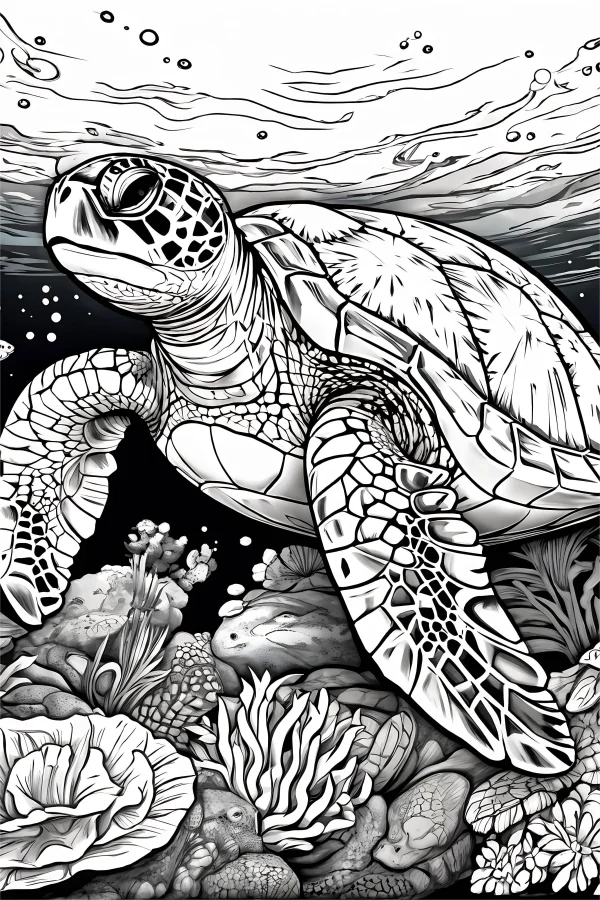 Underwater sea turtle, realistic style — free printable marine life coloring book page