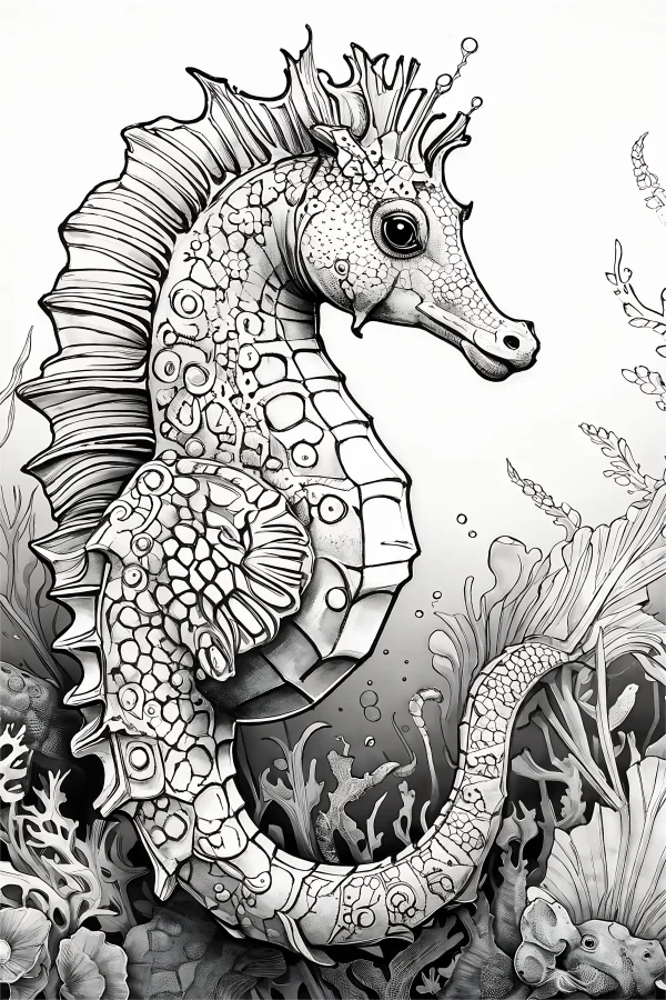 Seahorse with intricate decorative patterns, underwater scene with corals — free printable marine life coloring book page