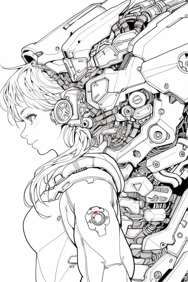 Cyberpunk cybernetic girl in profile view, japanese anime style — free printable cyberpunk coloring book page