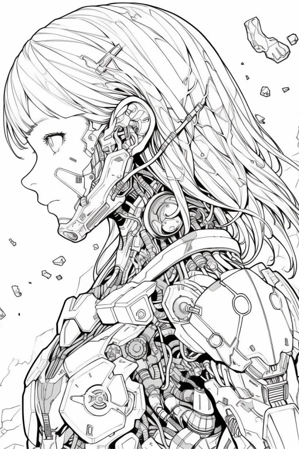 Cyberpunk modified mechanical girl, anime style — free printable cyberpunk coloring book page