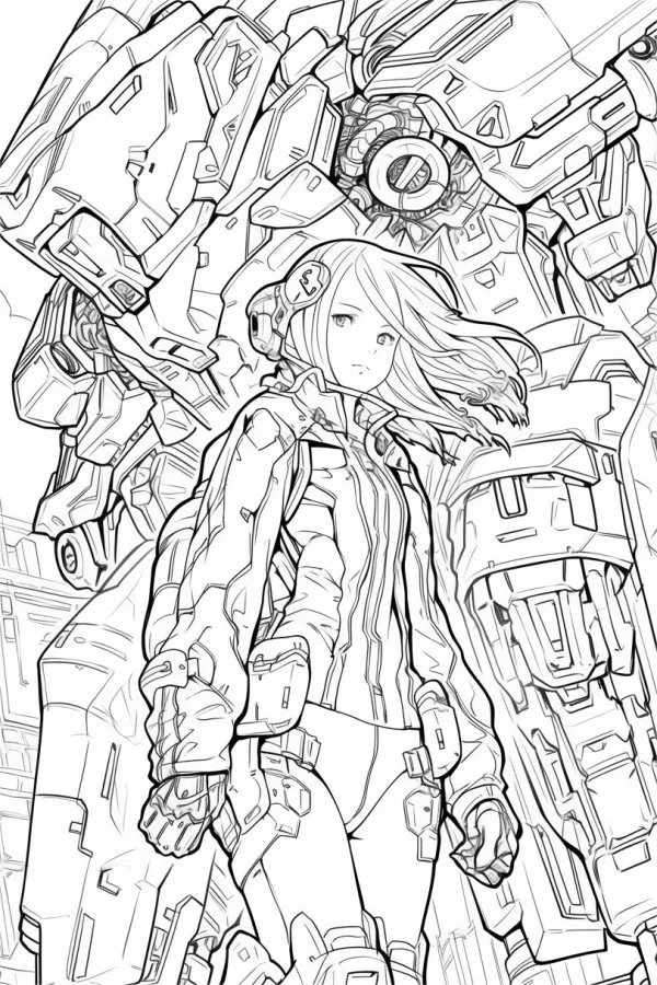 Mecha girl standing in front of massive mecha, anime sci-fi style — free printable sci-fi coloring book page
