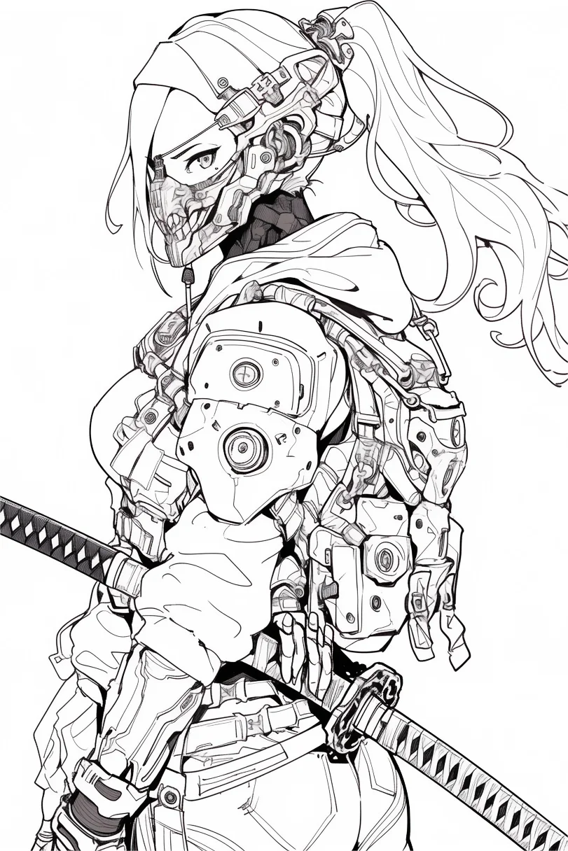 Cyberpunk female cyborg warrior holding katana, anime line art style — highly detailed — line art coloring page — for teens and adults