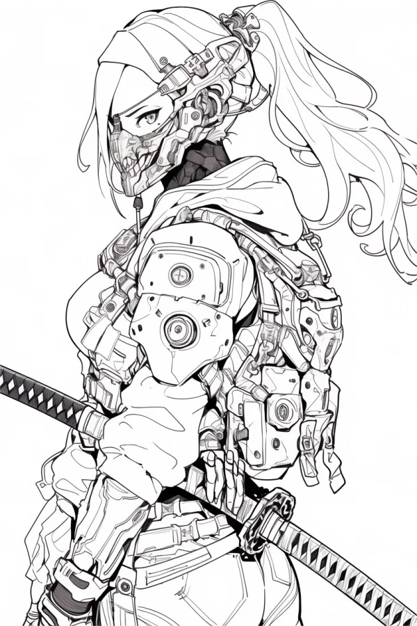 Cyberpunk female cyborg warrior holding katana, anime line art style — free printable cyberpunk coloring book page