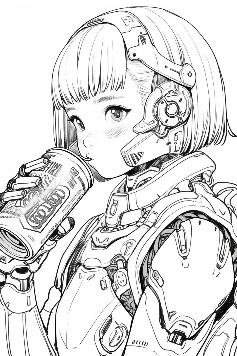 Coloring book page, cyberpunk mechanical short-haired girl holding a cola can — anime style — moderate detail — line art coloring page — for kids and adults of all ages