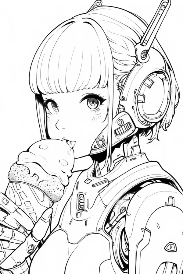 Anime robot girl holding ice cream cone, sci-fi anime style — free printable sci-fi coloring book page