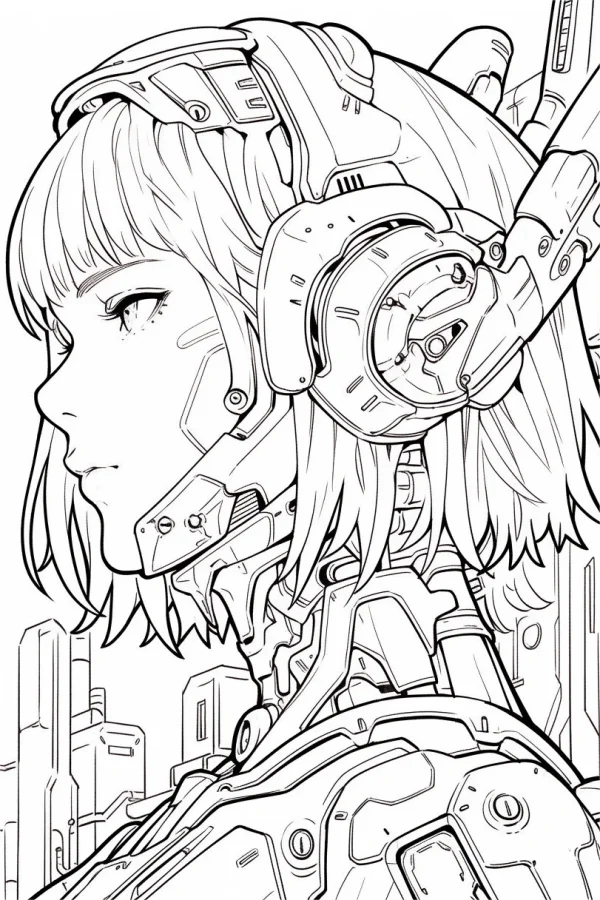 Cyberpunk cyborg girl in profile view, cyberpunk art style — free printable sci-fi coloring book page