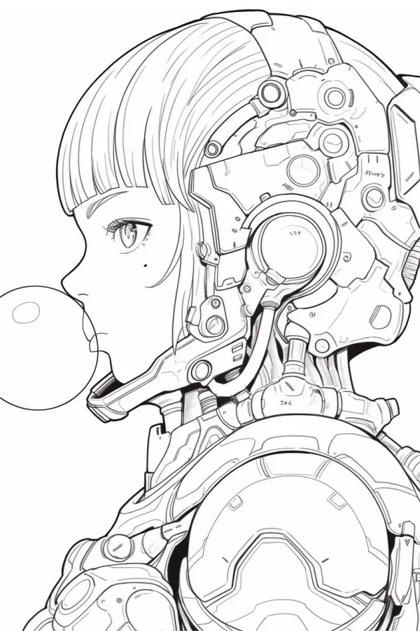 Cyberpunk half-mechanical girl blowing bubble gum, side profile view — free printable cyberpunk coloring book page