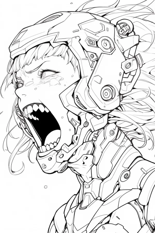 Screaming angry cyberpunk mecha girl with tears, anime style — free printable cyberpunk coloring book page