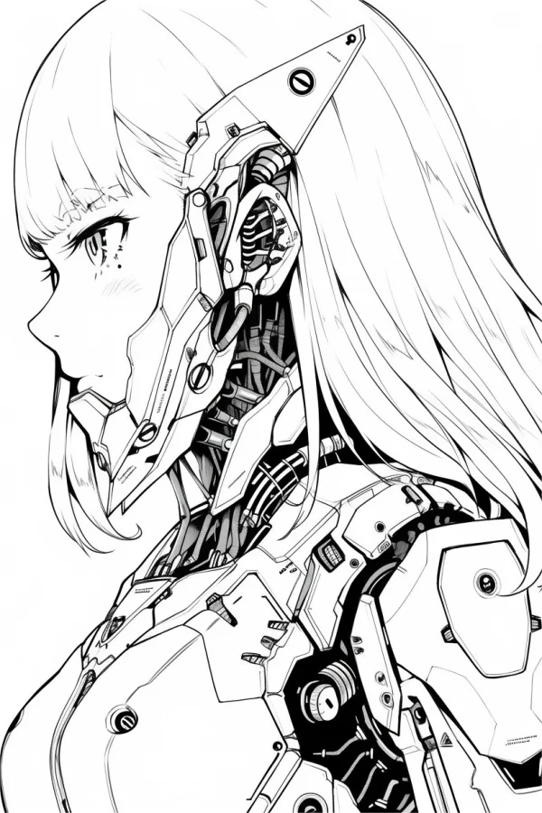 Cyberpunk mechanical girl in profile view, anime style — free printable cyberpunk coloring book page