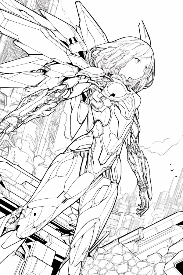 Mecha girl with mechanical wings, anime sci-fi style — free printable sci-fi coloring book page