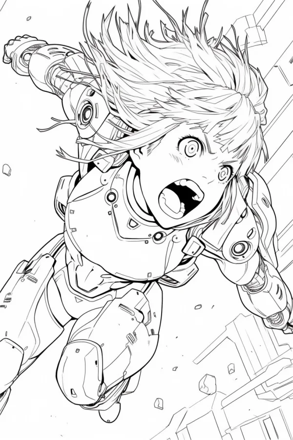 Scared mecha girl with short hair, anime style — free printable characters coloring book page