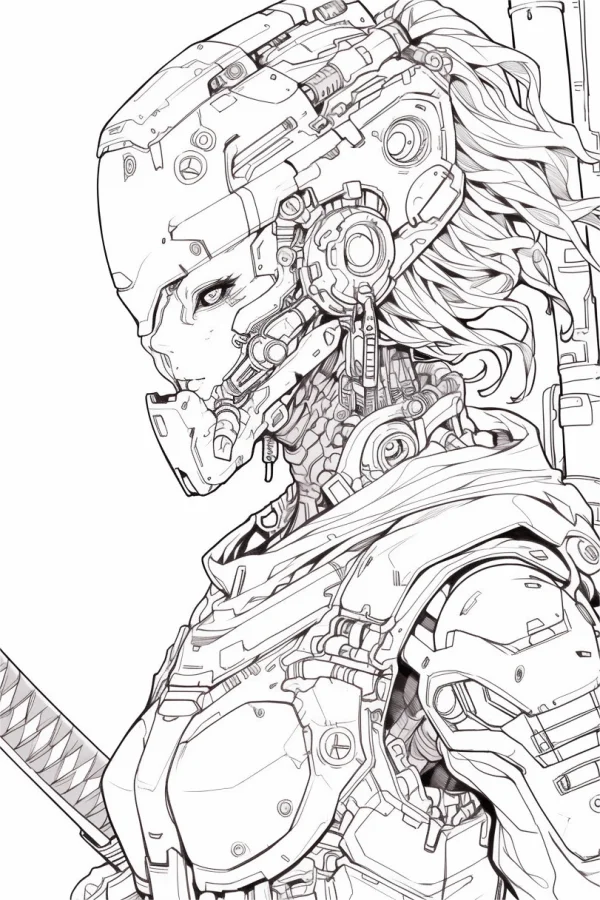 Cyberpunk cyborg female samurai, anime illustration style — free printable characters coloring book page