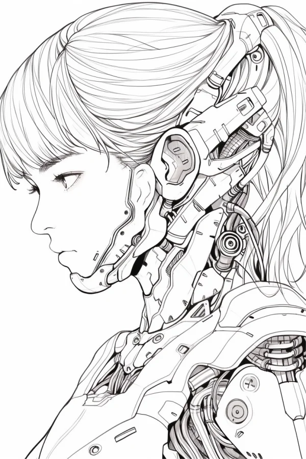 Cyberpunk half-mechanical girl in profile view, anime style — free printable characters coloring book page