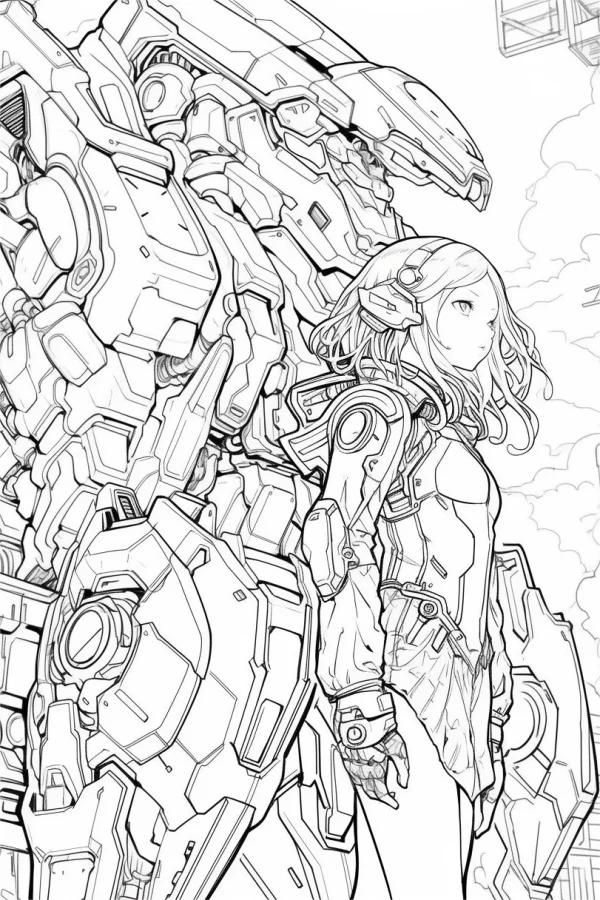 Large mecha and sci-fi girl, anime sci-fi style — free printable sci-fi coloring book page