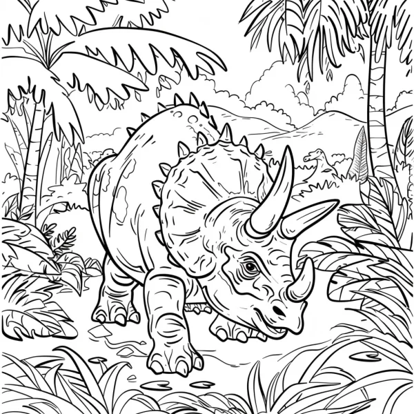 Triceratops dinosaur in lush jungle, cartoon style — free printable dinosaurs coloring book page