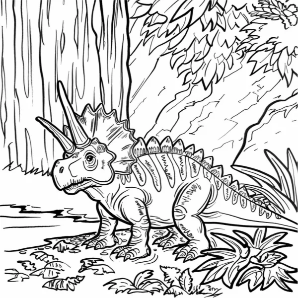 Triceratops in a forest scene, cartoon style — free printable dinosaurs coloring book page