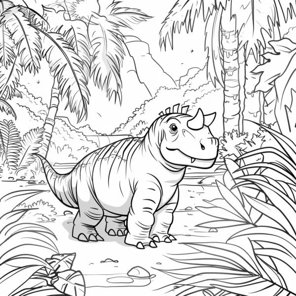 Cute cartoon small-horned dinosaur in jungle, cartoon style — free printable dinosaurs coloring book page