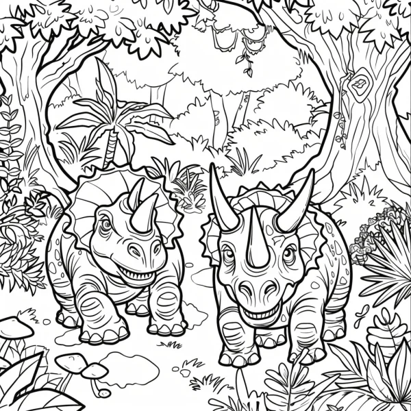 Two triceratops in prehistoric forest, cartoon style — free printable dinosaurs coloring book page