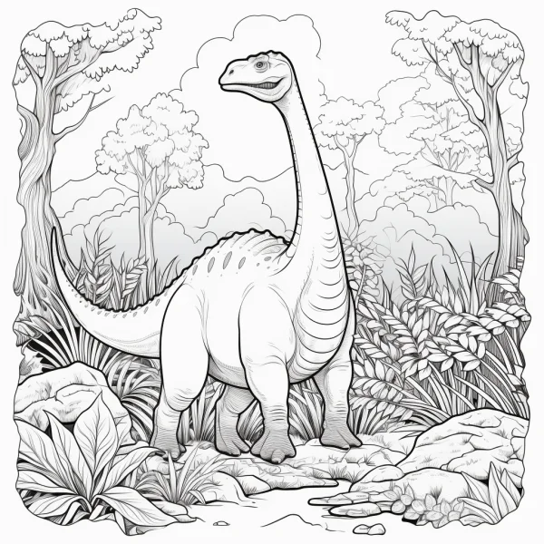 Long-necked dinosaur in forest scene, cartoon style — free printable dinosaurs coloring book page