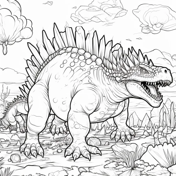 Prehistoric stegosaurus, sketch style line art — free printable dinosaurs coloring book page