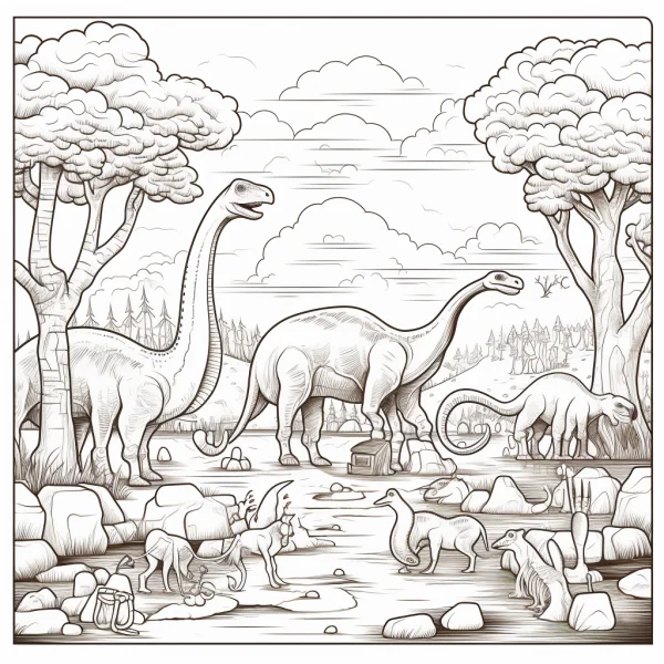 Long-necked dinosaurs and small prehistoric animals in a forest shallow water setting, realistic  detailed natural elements including broadleaf trees — free printable dinosaurs coloring book page