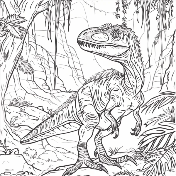Feathered velociraptor dinosaur, prehistoric forest scene with ferns — free printable dinosaurs coloring book page