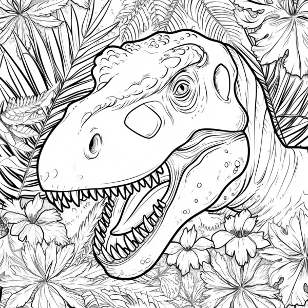 Tyrannosaurus rex (t-rex) head surrounded by jungle tropical plants, ferns and broad-leaf flowers — free printable prehistoric creatures coloring book page