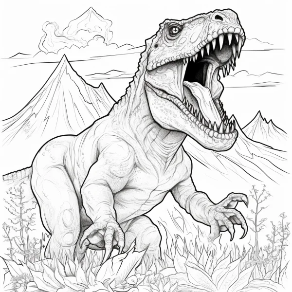 Roaring tyrannosaurus rex, realistic line art style — free printable dinosaurs coloring book page