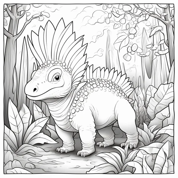 Cute cartoon prehistoric dinosaur with fin-like crest and back spines, in a lush forest with trees — free printable prehistoric creatures coloring book page