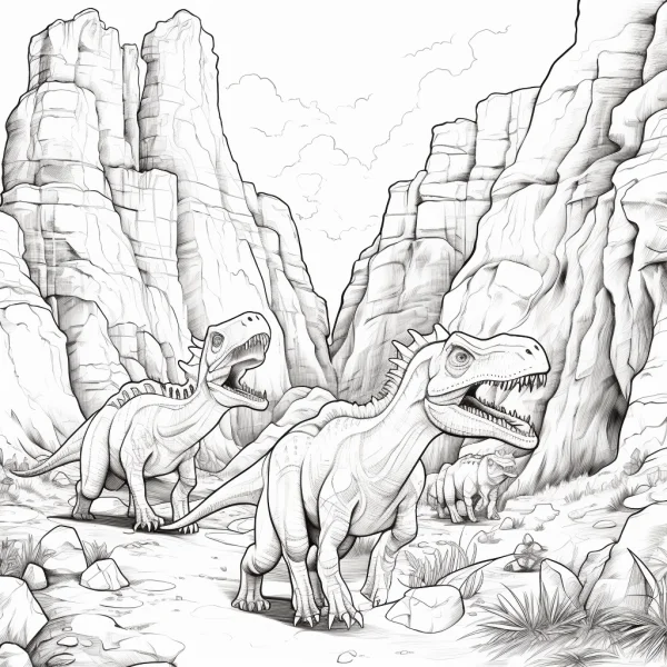 Group of dinosaurs in prehistoric canyon, realistic illustration style — free printable prehistoric creatures coloring book page