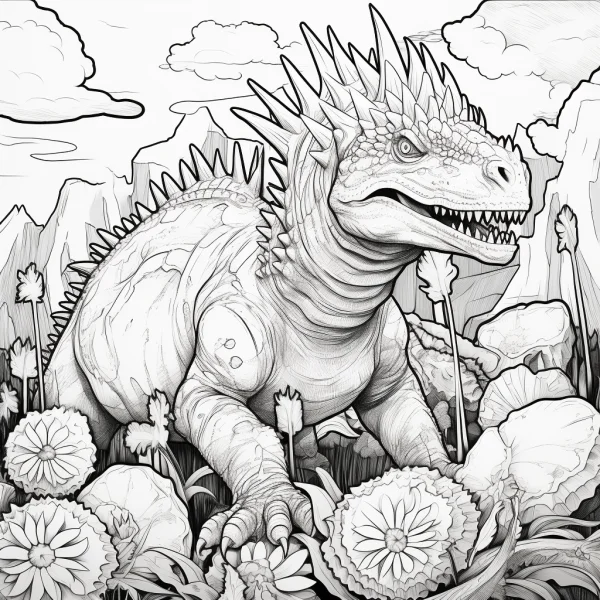 Spiky dinosaur in a field with flowers, rocks — free printable animal theme coloring book page