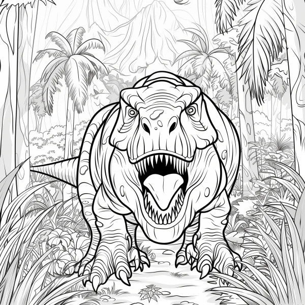 Tyrannosaurus rex in prehistoric forest, realistic style — free printable dinosaurs coloring book page