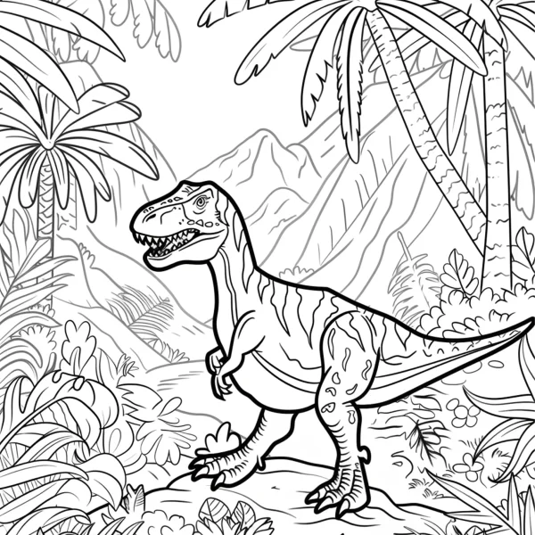 Tyrannosaurus rex in prehistoric jungle, cartoon style — free printable prehistoric creatures coloring book page