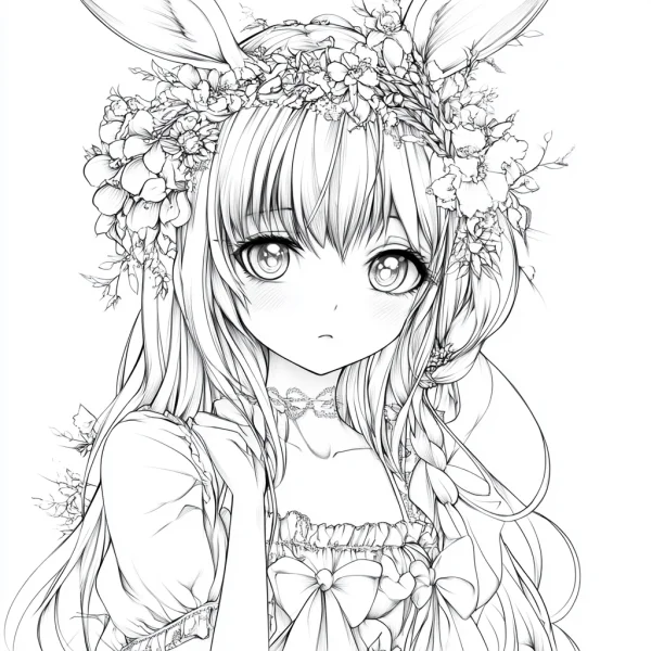 Anime bunny girl with floral wreath on head, long braided hair — free printable characters coloring book page