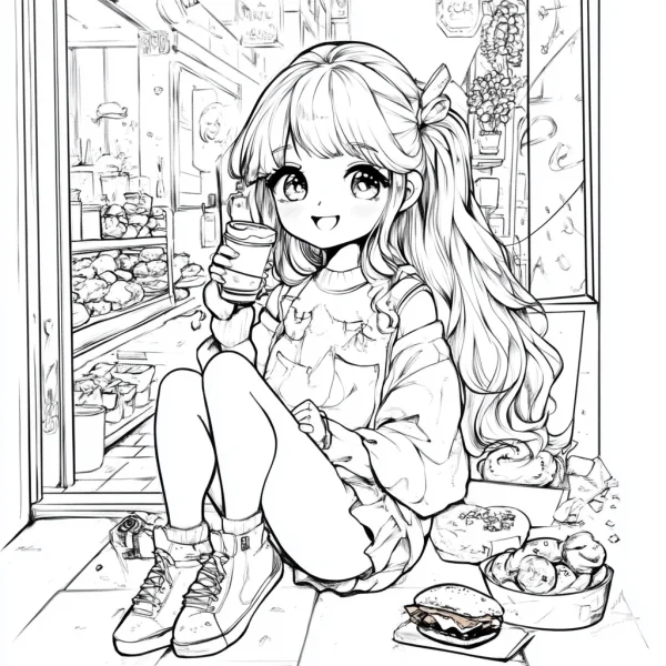Cute anime girl sitting in front of a cafe, holding a drink — free printable characters coloring book page