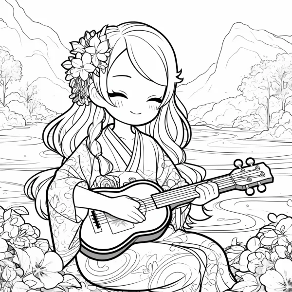 Coloring book page, cartoon girl in traditional kimono playing ukulele — free printable japanese coloring book page