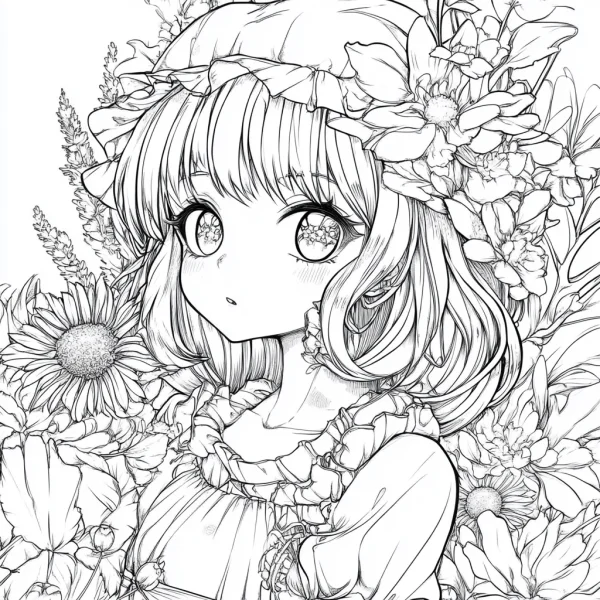 Cute cartoon girl surrounded by various flowers and sunflowers, japanese anime style — free printable girl coloring book page