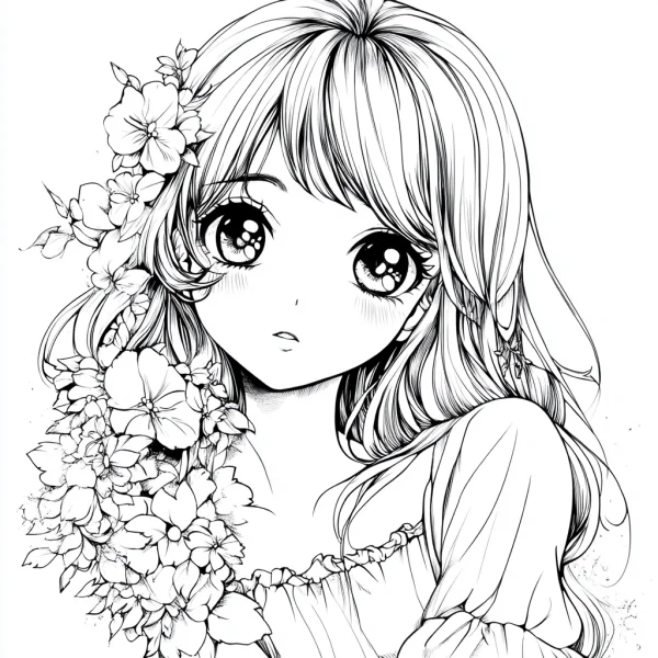 Cartoon girl with flowers in her hair, japanese anime style — free printable characters coloring book page